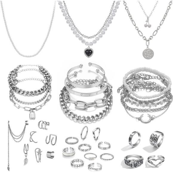 36 PC Silver Plated Jewelry Set With 3 Necklace, 12 Bracelet, 7 Ear Cuffs - Picture 1 of 8